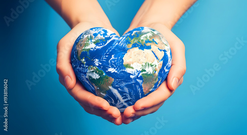 Hands holding a heart shaped earth