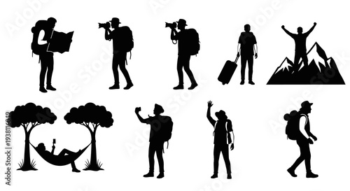 Black  White Silhouette Icons of Hikers, Tourists, and Travelers
