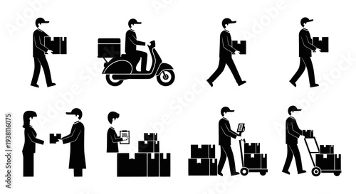 Delivery Service Icons: Man with Boxes, Scooter, Trolley