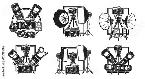 Black and White Line Art Icons of Photography Equipment