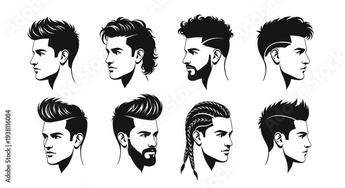 Black and White Line Art Illustration of Diverse Men's Hairstyles