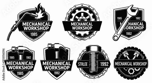 Mechanical Workshop Logos Set - Retro Industrial Style Badges
