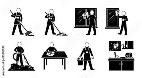 Cleaning Service Icons Set - Man Mopping, Vacuuming, Window Washing, Sink