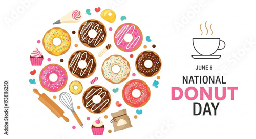 Donuts and coffee celebrate national donut day with colorful treats and baking tools