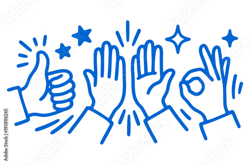 Blue outline hand gestures showing thumbs up high five and ok sign