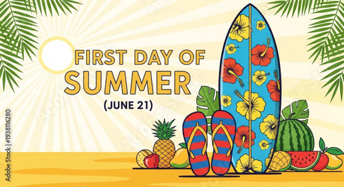 Vibrant summer beach scene with surfboard flip flops fruits and palm leaves on sunny day