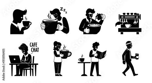 Black  White Glyph Icons of People Enjoying Coffee at Cafe