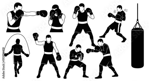 Boxing Training Icons: Black  White Silhouette Vector Set