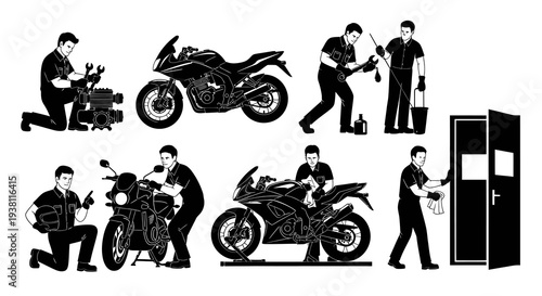 Black and White Line Art of Mechanics with Motorcycles and Tools