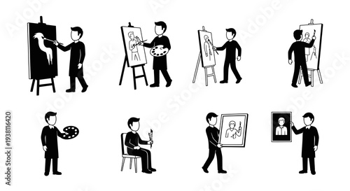 Artist Painting on Easel, Holding Palette, and Artwork in Black and White
