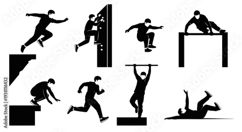 Black and White Parkour Silhouettes: Dynamic Action and Movement Art
