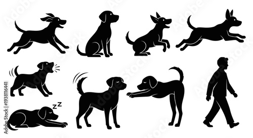Black  White Dog Poses and Human Silhouette Vector Art