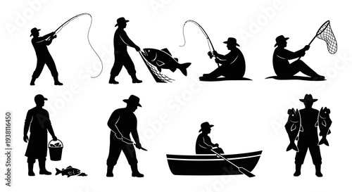 Fishing Silhouettes Icons Black  White Fishermen Rowboat Nets Fish