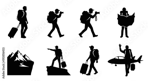 Black  White Icons of Travelers with Suitcases, Mountains, and Plane