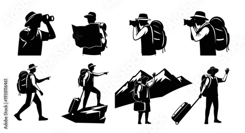 Black and White Silhouette Icons of Hikers and Travelers