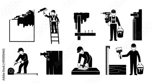 Construction worker glyph icons set, painting, building, tools, handyman