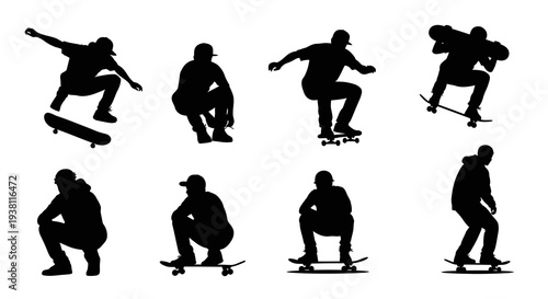Skateboarder Silhouettes: Dynamic Poses, Action, Sport, Vector Art