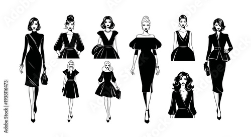 Black and White Fashion Sketch of Elegant Women in Dresses