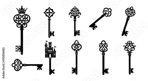 Vintage Ornate Keys Black and White Vector Icons Set