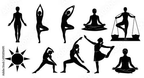 Yoga Poses Silhouette Icon Set Vector Black White Flat