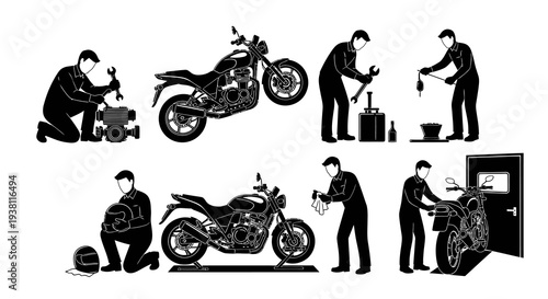 Motorcycle Mechanic Silhouettes: Repair, Service, and Maintenance Icons