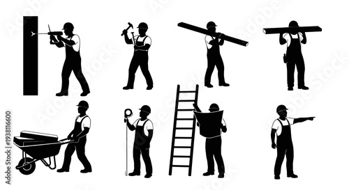 Construction Workers Silhouettes: Building, Carpentry, Tools, Safety Gear