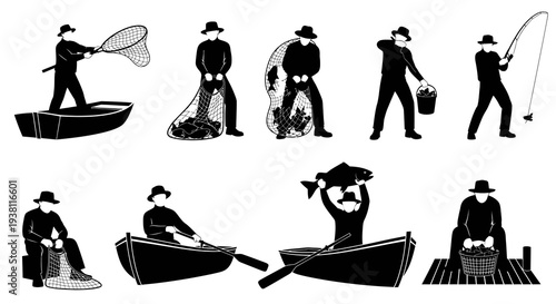 Fisherman Silhouette Collection in Black and White Vector Art