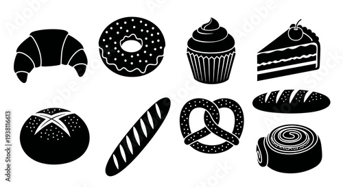 Black and White Vector Icons of Various Baked Goods on White Background