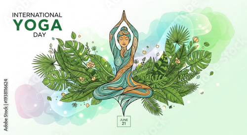 International yoga day poster with woman in lotus position surrounded by green leaves and flowers on white background