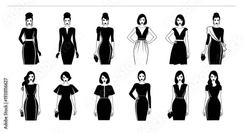Black and White Line Art of Women in Elegant Dresses