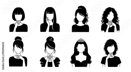 Black  White Icons of Women with Different Hairstyles and Outfits