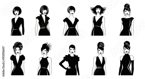 Black  White Line Art Fashionable Women Silhouettes in Dresses