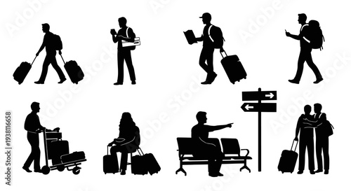 Black and white silhouette illustrations of travelers with luggage at airport