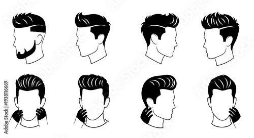 Set of Male Hairstyles Black and White Line Art Icons