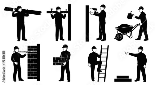 Construction workers with tools, ladder, wheelbarrow, and bricks