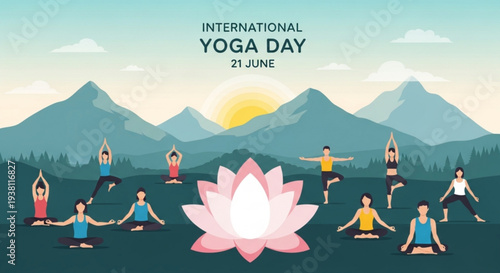People practicing yoga on a mountain with a lotus flower on international yoga day