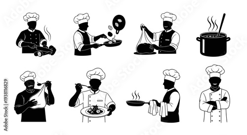 Black and White Chef Icons: Cooking, Food Preparation, Culinary Actions