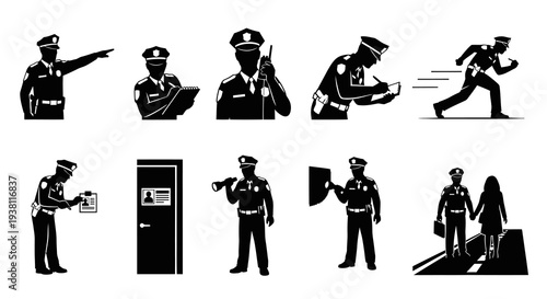 Black  White Police Officers Silhouettes Icons Set