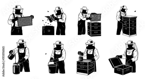 Black and White Beekeeper Illustration Set