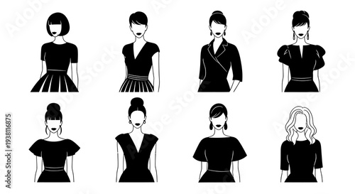 Black  White Line Art Fashionable Women's Dresses Silhouettes