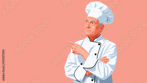 Senior male chef in a professional uniform stands with arms crossed while pointing to the side and looking up thoughtfully at the space.