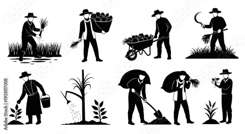 Farmers harvesting and working with crops in black and white glyph style