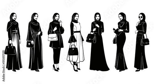 Black  White Line Art Islamic Fashion Women Hijab and Bags