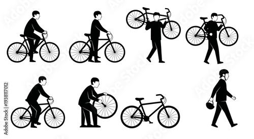 Black  White Bicycle Icon Set: People Riding and Carrying Bikes