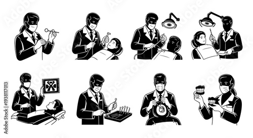 Black and White Dentist Illustrations: Medical Dental Care Icons