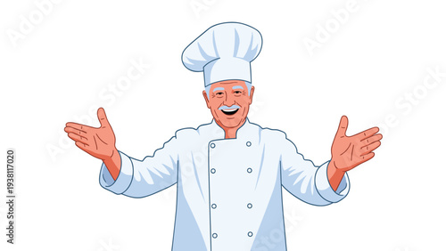 Joyful older male chef in a white uniform and toque opens his arms wide with a big smile to welcome guests or celebrate a success.