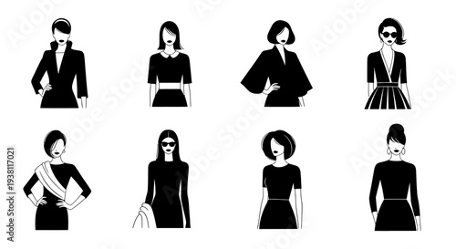 Black and white fashion vector art of women in dresses and suits