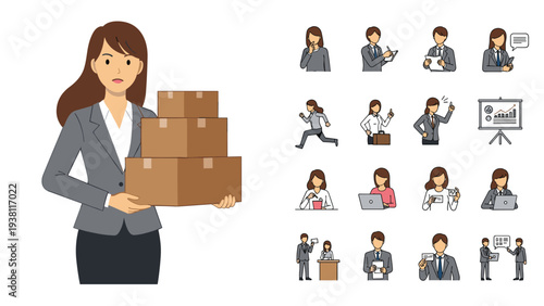 Professional office workers are depicted in a collage performing different tasks like carrying boxes, writing, and giving presentations.