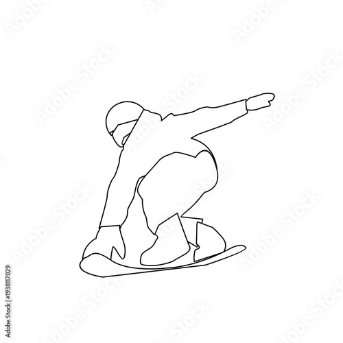 Line art illustration of a snowboarder in action on a snowboard