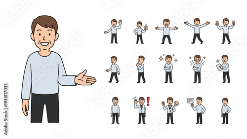 Comprehensive set of male character icons in different poses including waving, presenting, thinking, and celebrating.
